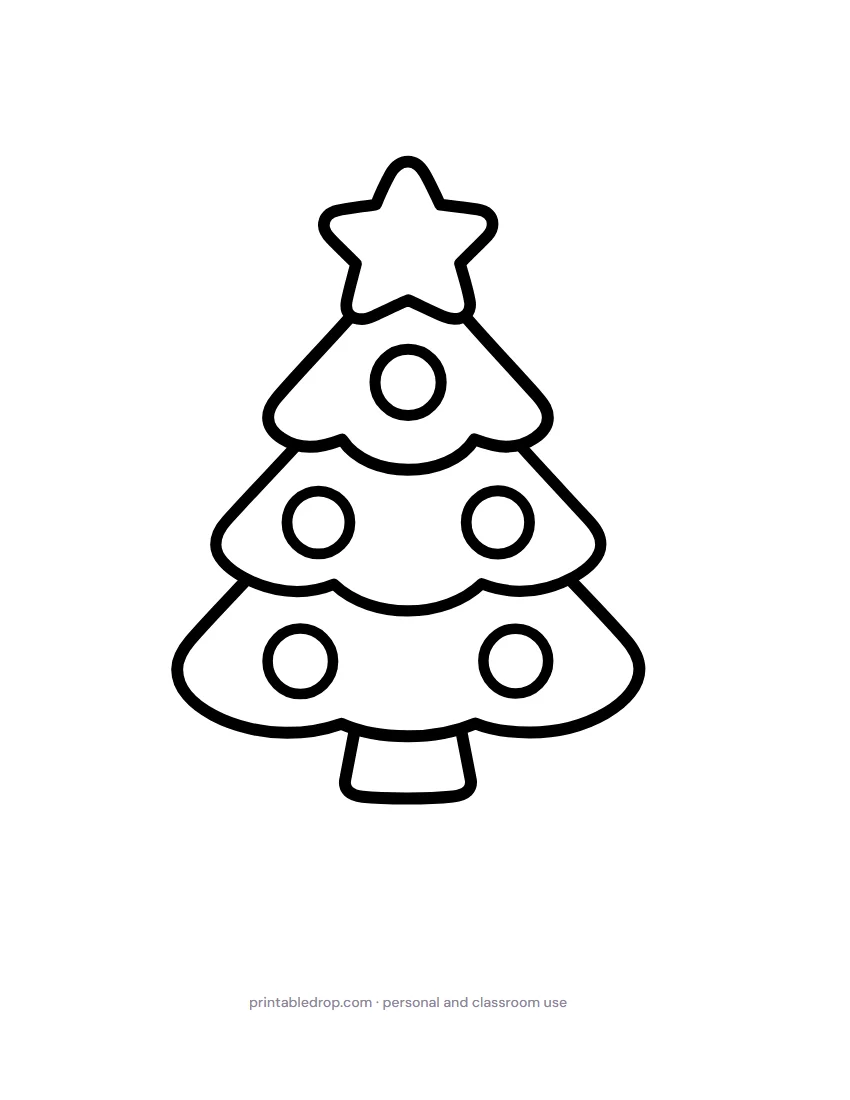 Christmas tree coloring page with round ornaments and a star on top