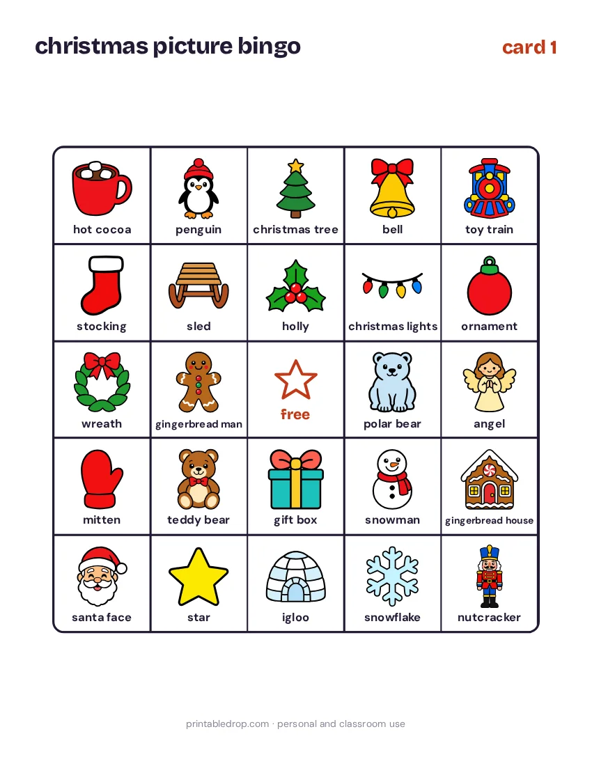 Page 1 of Christmas Picture Bingo for Kids