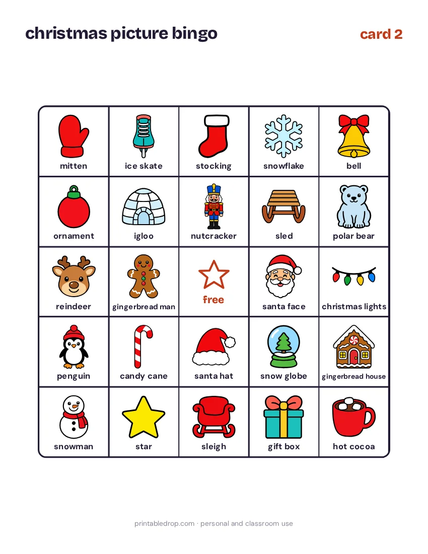 Page 2 of Christmas Picture Bingo for Kids